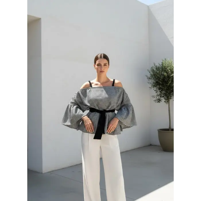 LİNET PAMUK DOKUMA ÇİZGİLİ BLUZ