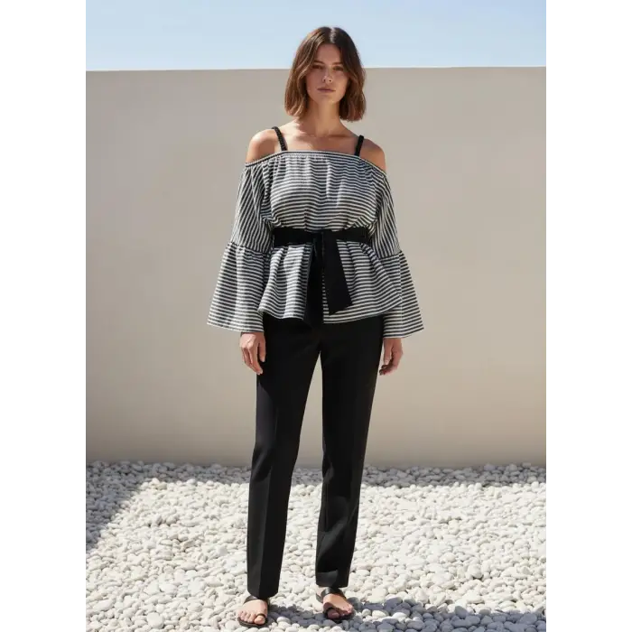 LİNET PAMUK DOKUMA ÇİZGİLİ BLUZ