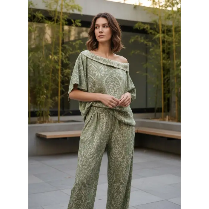 FRESKO JAKAR DOKUMA ŞALVAR PANTOLON & BLUZ TAKIM