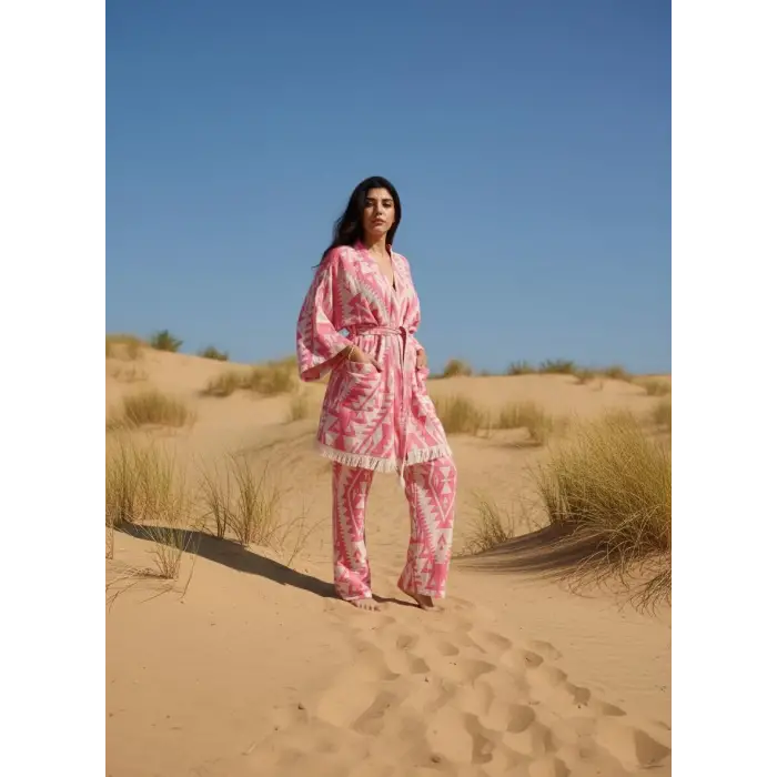 GORDES JAKARLI PAMUK DOKUMA BOHEM KİLİM DESEN KİMONO PANTOLON