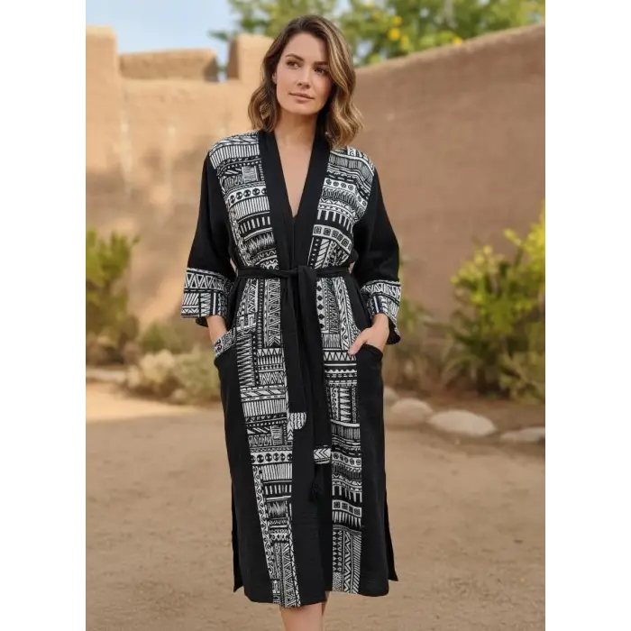 TRIBAL BORDÜR DETAYLI BOHEM MÜSLİN KAFTAN