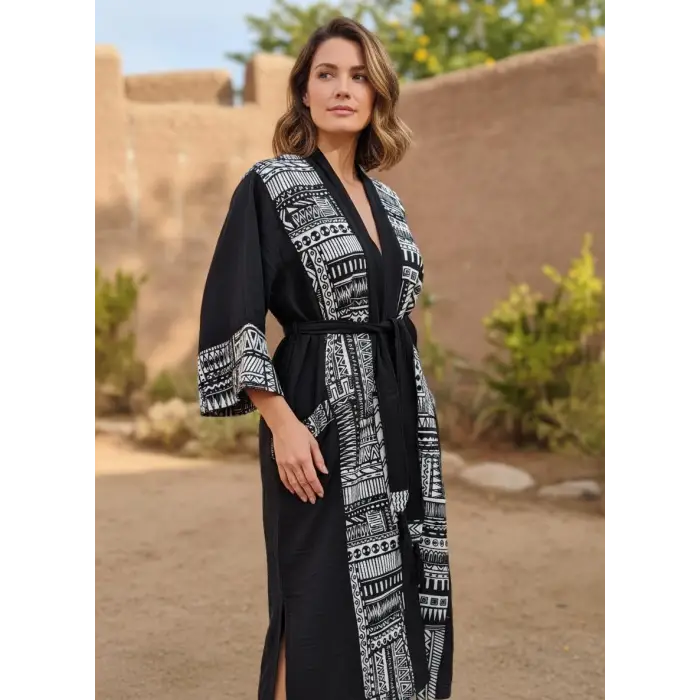 TRIBAL BORDÜR DETAYLI BOHEM MÜSLİN KAFTAN