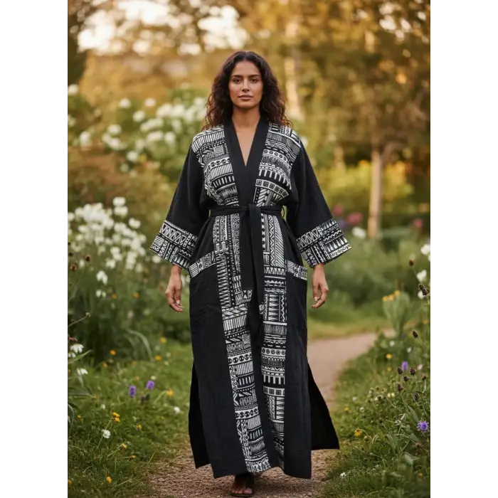 TRIBAL BORDÜR DETAYLI BOHEM MÜSLİN KAFTAN