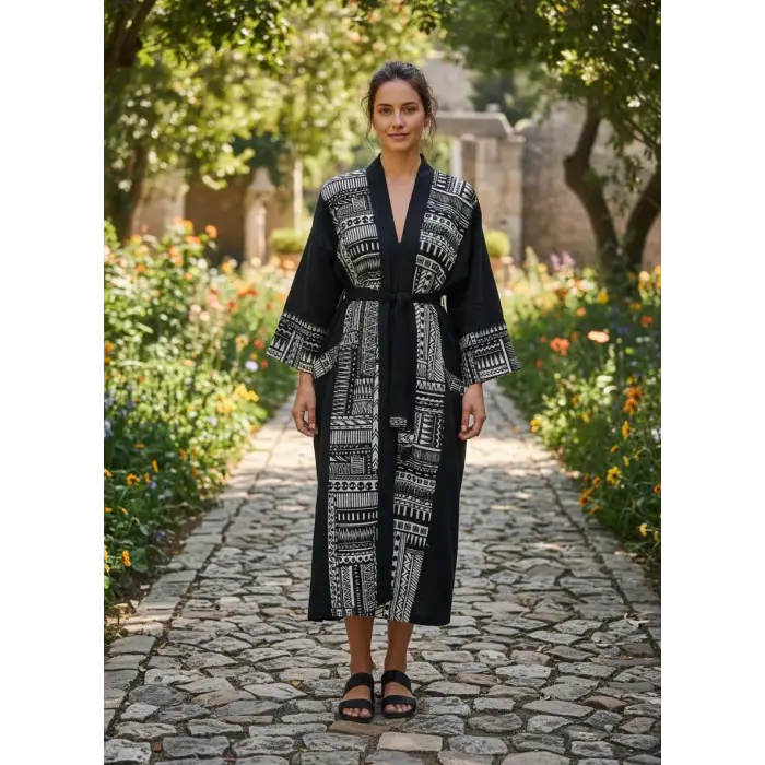 TRIBAL BORDÜR DETAYLI BOHEM MÜSLİN KAFTAN