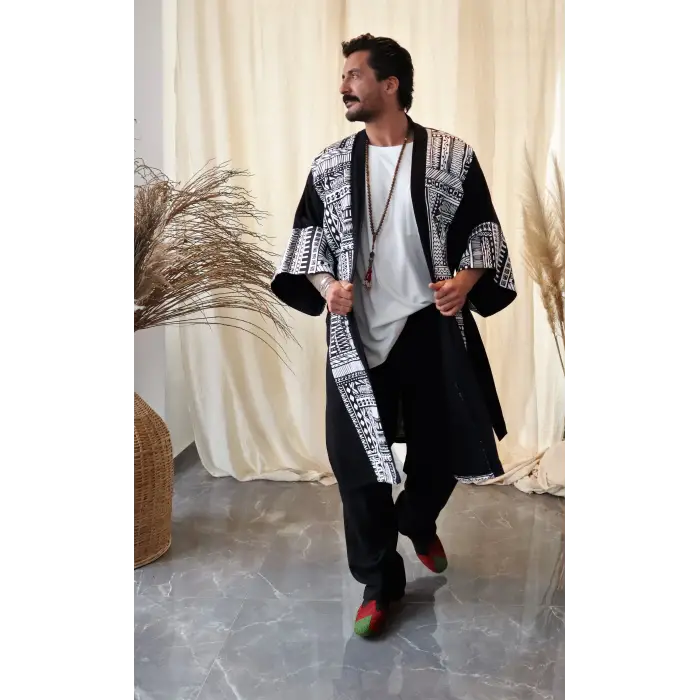 TRIBAL BORDÜR DETAYLI BOHEM MÜSLİN KAFTAN