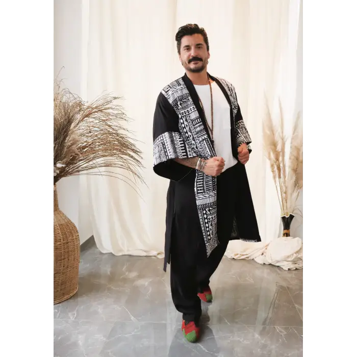 TRIBAL BORDÜR DETAYLI BOHEM MÜSLİN KAFTAN