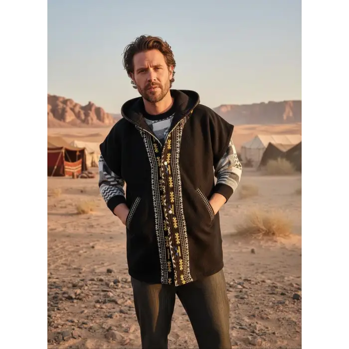 TUNA KAPŞONLU KİLİM DETAYLI POLAR YELEK / Siyah