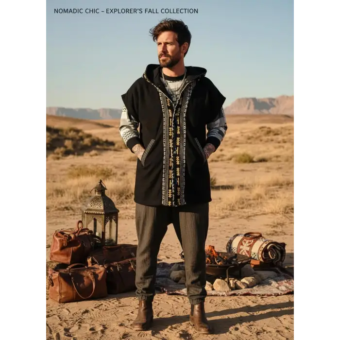 TUNA KAPŞONLU KİLİM DETAYLI POLAR YELEK / Siyah