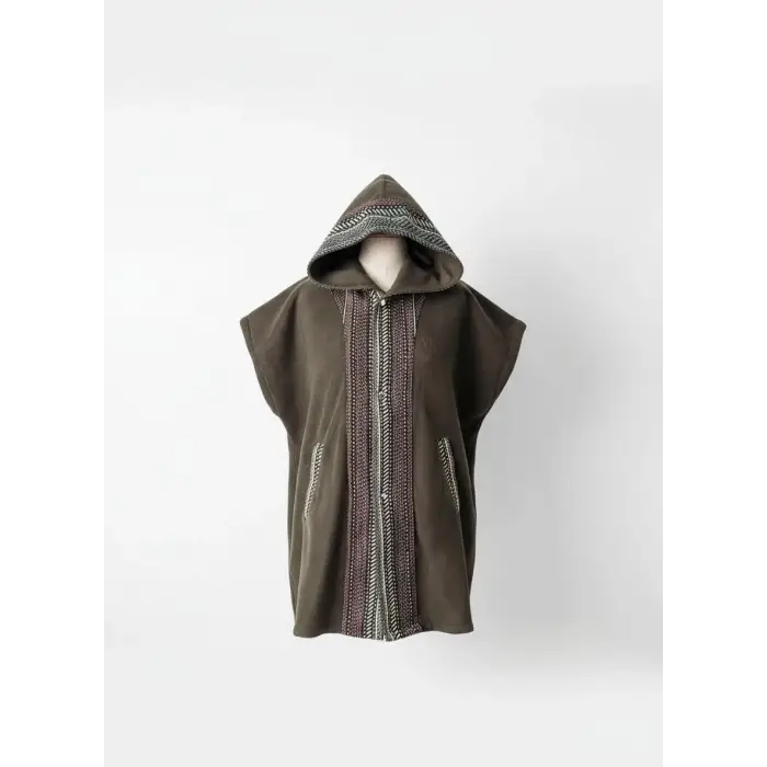 TUNA KAPŞONLU KİLİM DETAYLI POLAR YELEK / Haki