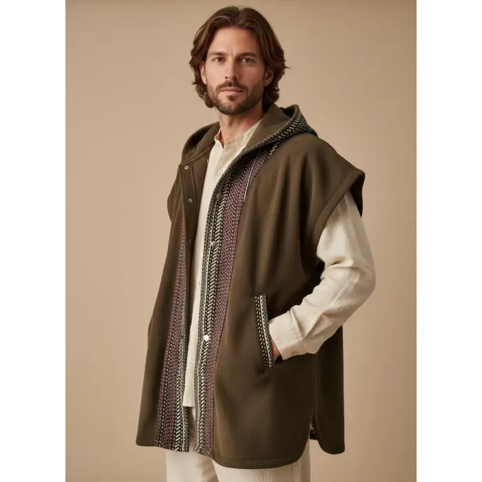 TUNA KAPŞONLU KİLİM DETAYLI POLAR YELEK / Haki