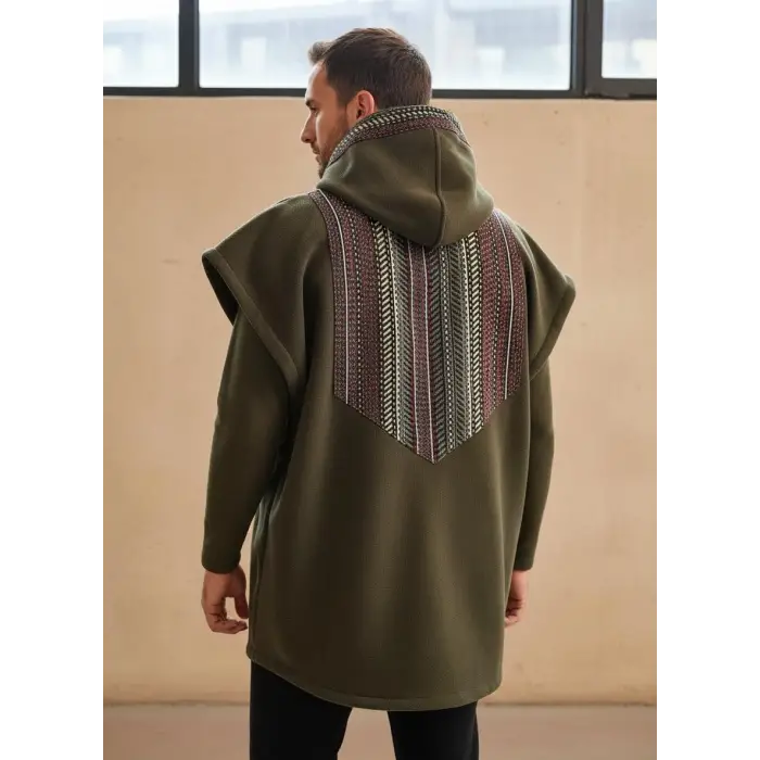 TUNA KAPŞONLU KİLİM DETAYLI POLAR YELEK / Haki