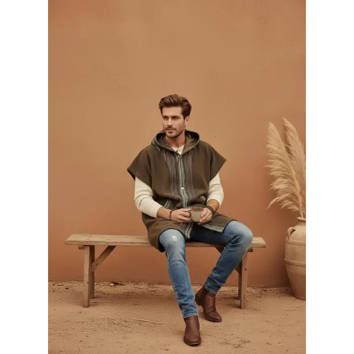 TUNA KAPŞONLU KİLİM DETAYLI POLAR YELEK / Haki