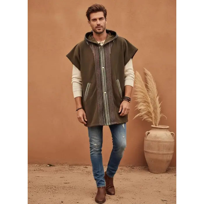 TUNA KAPŞONLU KİLİM DETAYLI POLAR YELEK / Haki