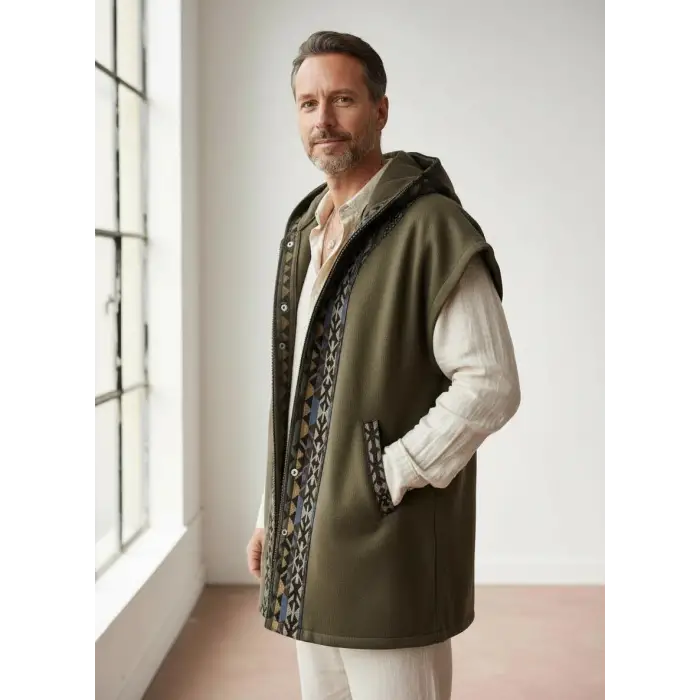 TUNA KAPŞONLU KİLİM DETAYLI POLAR YELEK / Haki