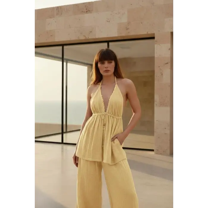 BABYLON SIRT DEKOLTELİ BLUZ & PANTOLON TAKIM / krem