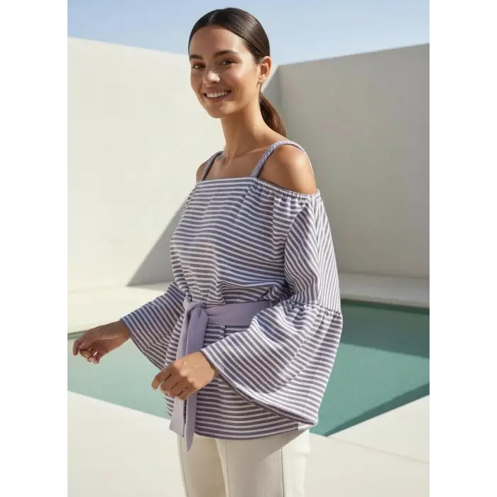 LİNET PAMUK DOKUMA ÇİZGİLİ BLUZ/ lila