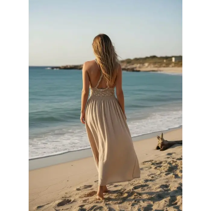 PETUNYA ÖRGÜ DETAYLI BOHEM ELBİSE / Bej