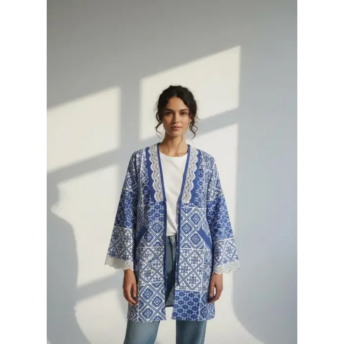 İZNİK ÇİNİ DESEN PAMUK KANVAS BASKILI CEKET