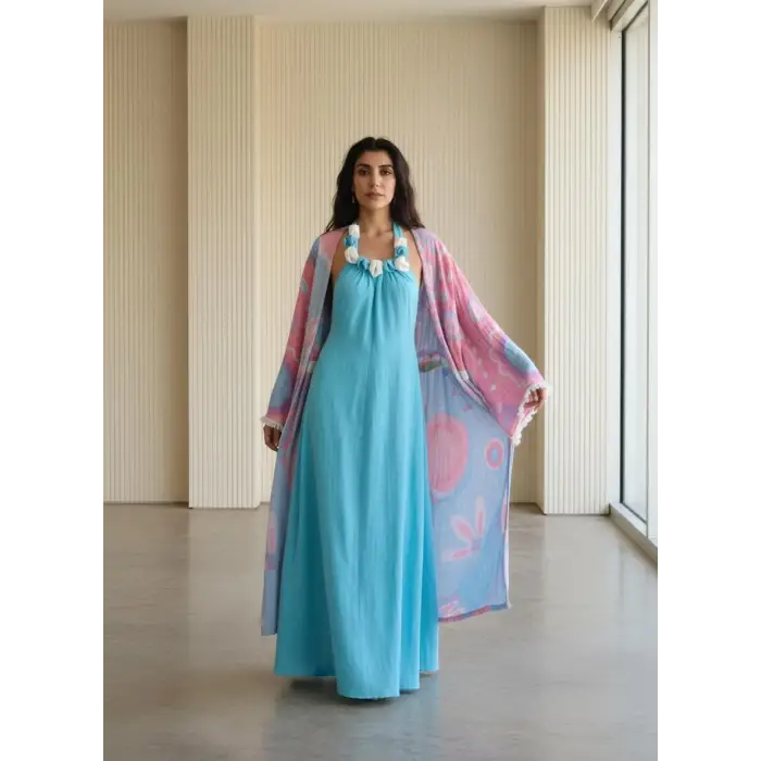 ALOHA YAKASI ÇİÇEK DETAYLI SIRT DEKOLTELİ MAKSİ MÜSLİN ELBİSE / Turkuaz