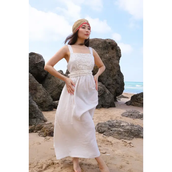 ARTENA ASKILI PAMUK DANTEL DETAYLI BOHO ELBİSE