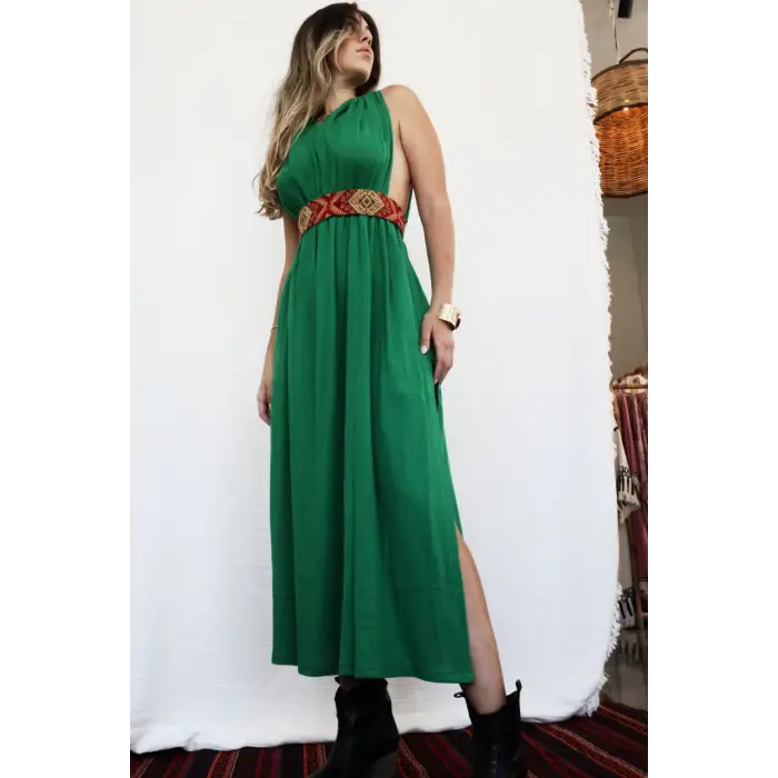 AZİZE BOHEM STİL MÜSLİN ELBİSE / çimen