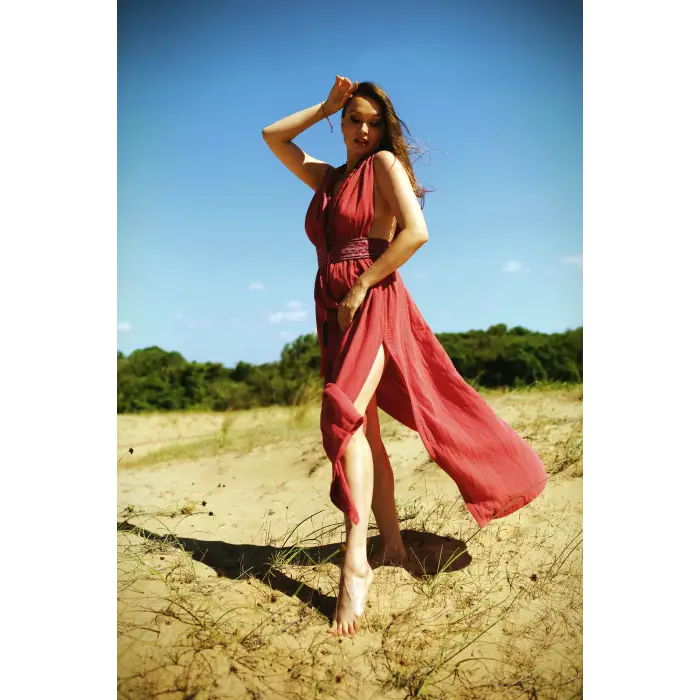 AZİZE BOHEM STİL MÜSLİN ELBİSE / Şarap