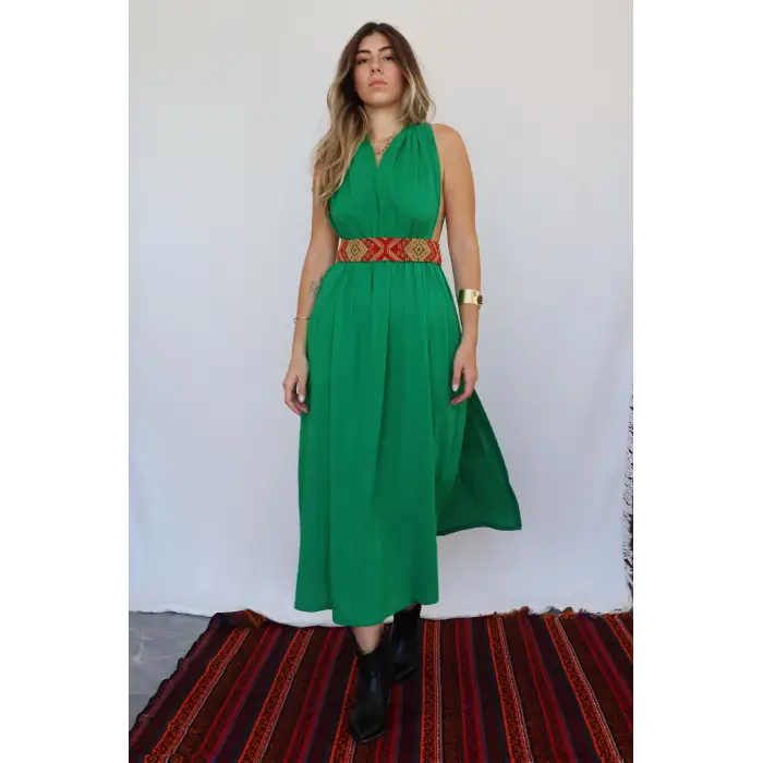 AZİZE BOHEM STİL MÜSLİN ELBİSE / çimen