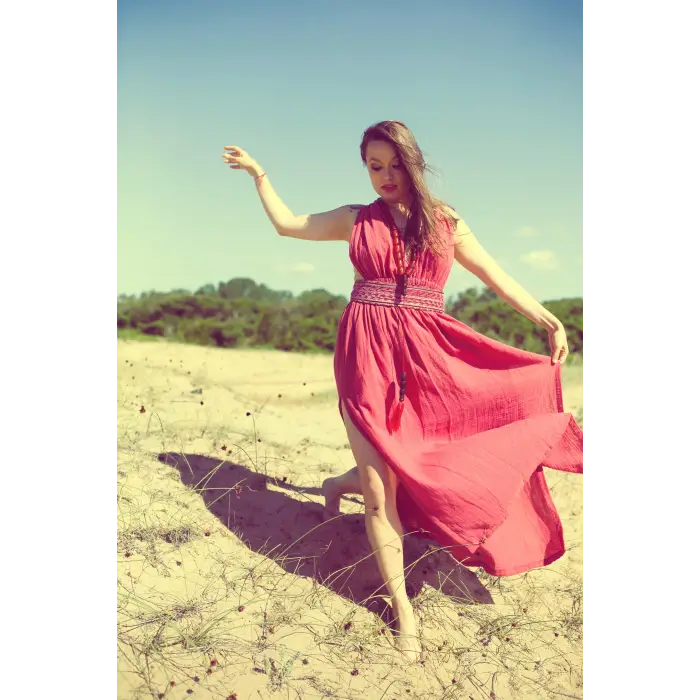 AZİZE BOHEM STİL MÜSLİN ELBİSE / Şarap