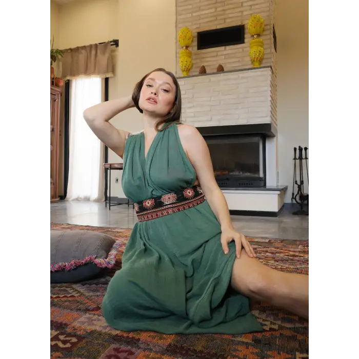 AZİZE BOHEM STİL MÜSLİN ELBİSE / Çağla