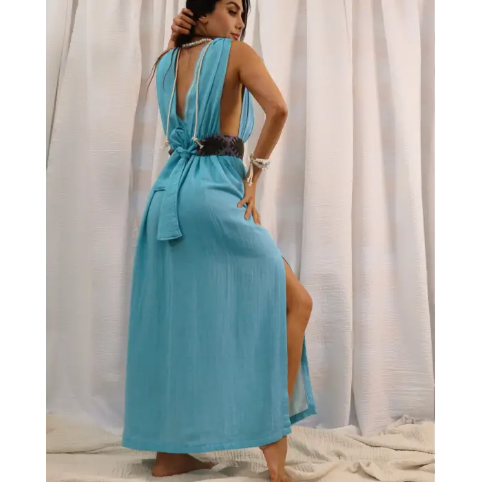 AZİZE BOHEM STİL MÜSLİN ELBİSE / turkuaz