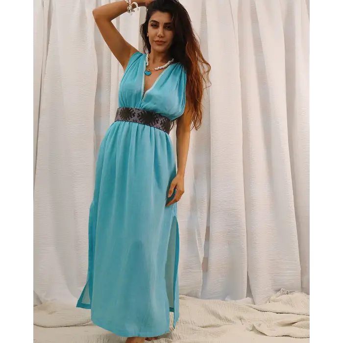 AZİZE BOHEM STİL MÜSLİN ELBİSE / turkuaz