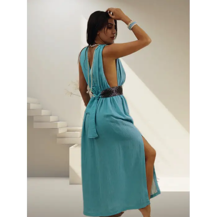 AZİZE BOHEM STİL MÜSLİN ELBİSE / turkuaz