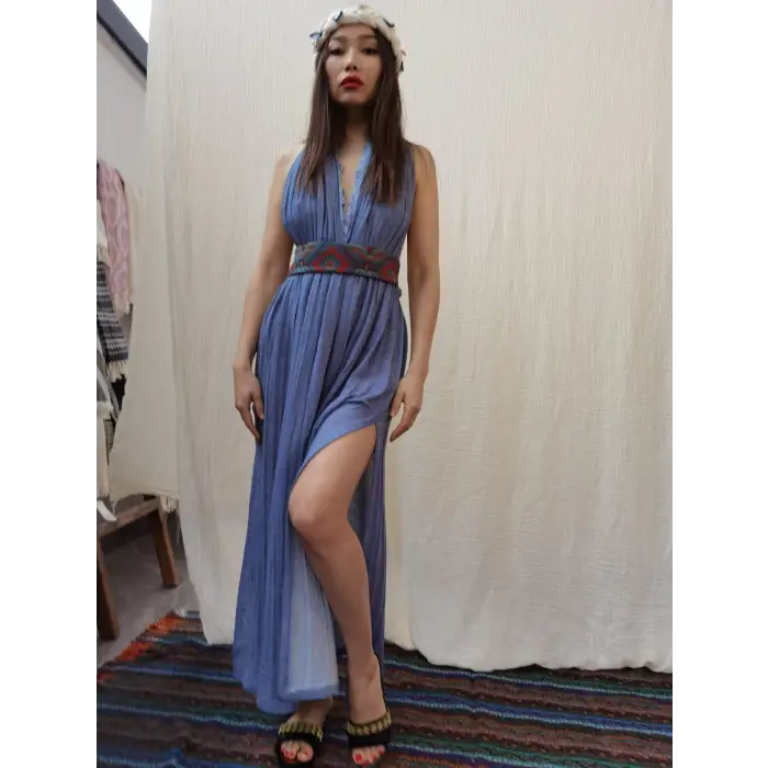 AZİZE BOHEM STİL MÜSLİN ELBİSE / Vintage Mavi