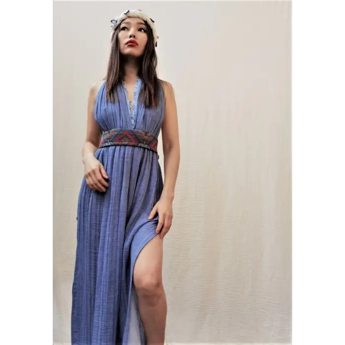 AZİZE BOHEM STİL MÜSLİN ELBİSE / Vintage Mavi