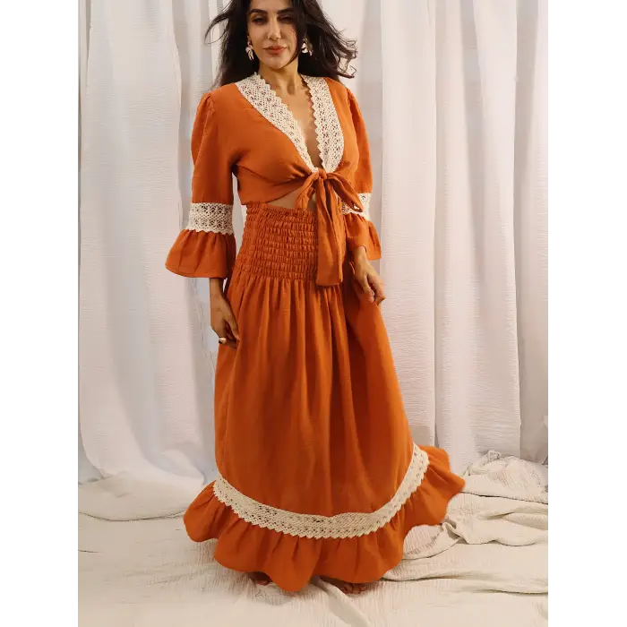 ENDÜLÜS DANTEL DETAYLI CROP BAĞLAMALI BOHEM MÜSLİN ELBİSE