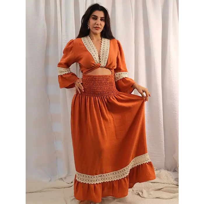 ENDÜLÜS DANTEL DETAYLI CROP BAĞLAMALI BOHEM MÜSLİN ELBİSE