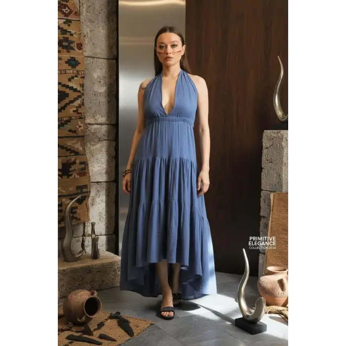 EVA MÜSLİN KATLI BOHEM ELBİSE