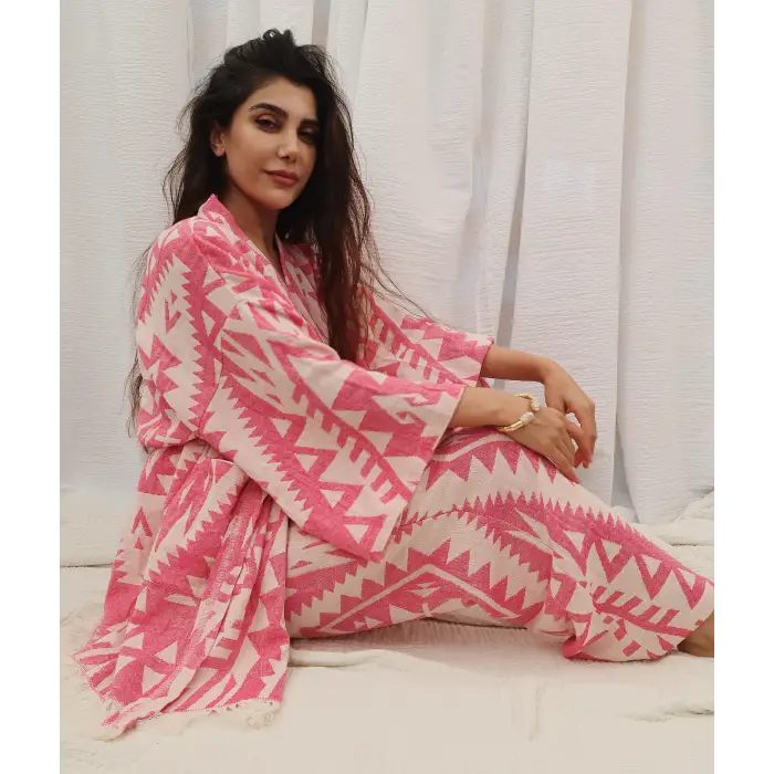 GORDES JAKARLI PAMUK DOKUMA BOHEM KİLİM DESEN KİMONO PANTOLON