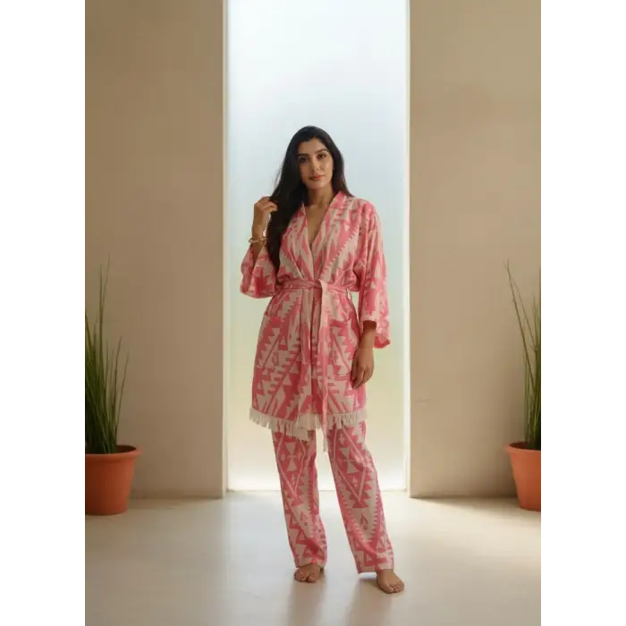 GORDES JAKARLI PAMUK DOKUMA BOHEM KİLİM DESEN KİMONO PANTOLON