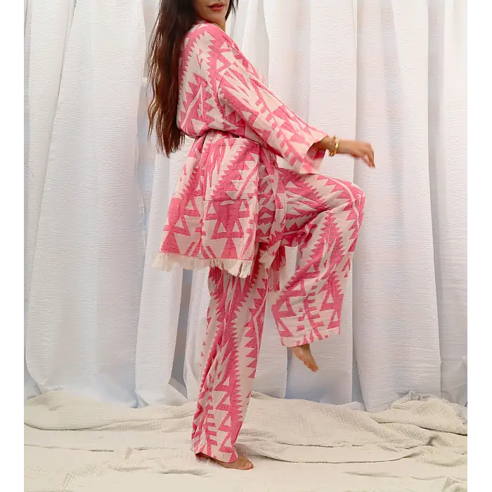 GORDES JAKARLI PAMUK DOKUMA BOHEM KİLİM DESEN KİMONO PANTOLON