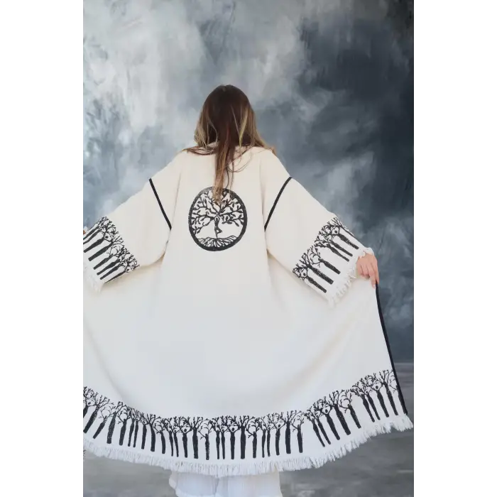 HAYAT AĞACI TAHTA BASKILI DOKUMA KAFTAN / Naturel