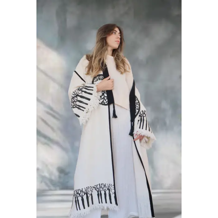 HAYAT AĞACI TAHTA BASKILI DOKUMA KAFTAN / Naturel