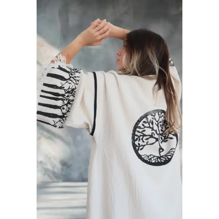HAYAT AĞACI TAHTA BASKILI DOKUMA KAFTAN / Naturel