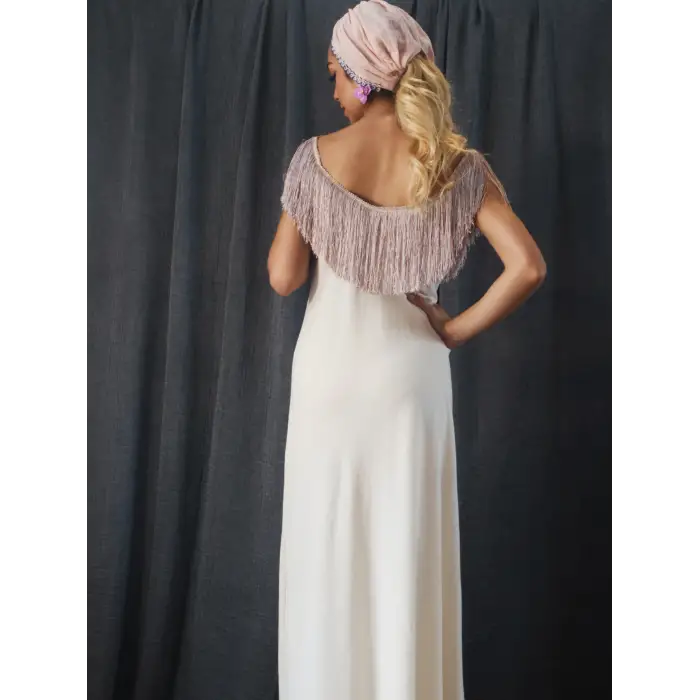 JÜLİDE YAKASI PÜSKÜL DETAYLI ŞİLE BEZİ ELBİSE