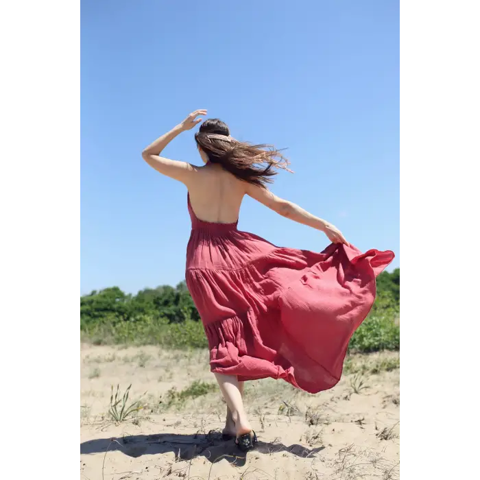 EVA KATLI SIRTI AÇIK MUSLİN BOHO ELBİSE