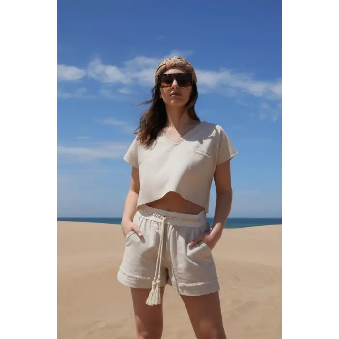 LAVANDA KETEN KARIŞIMLI BLUZ & ŞORT TAKIM