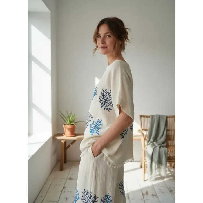 MERCAN PAMUK DOKUMA BLUZ & PANTOLON TAKIM