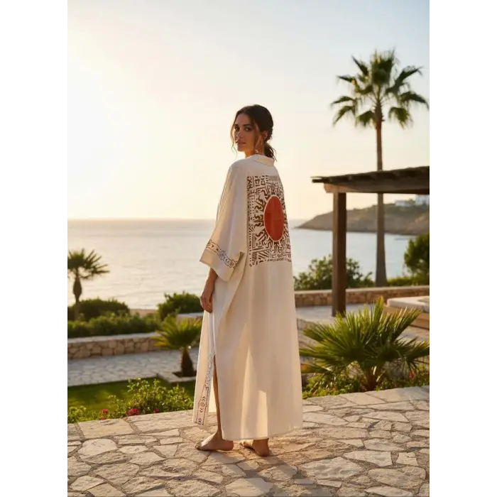 MONK BOHEM STİL TAHTA BASKILI KETEN KİMONO