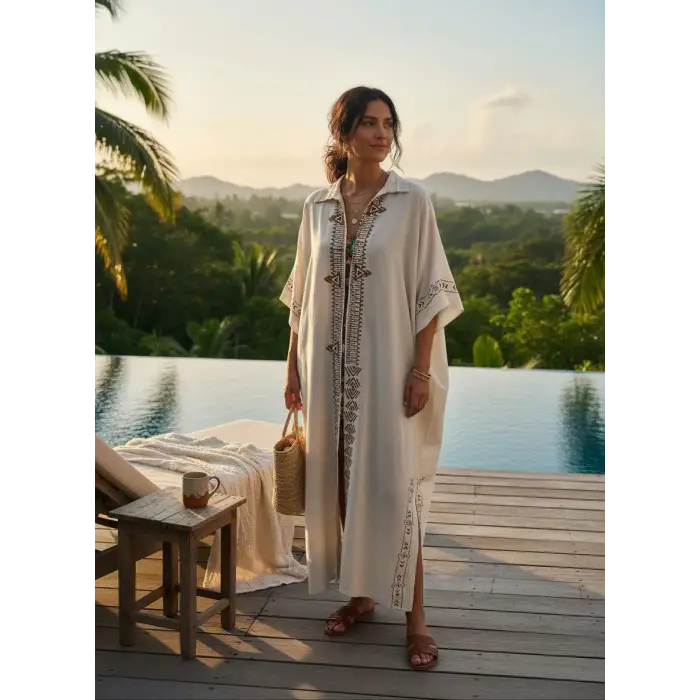 MONK BOHEM STİL TAHTA BASKILI KETEN KİMONO