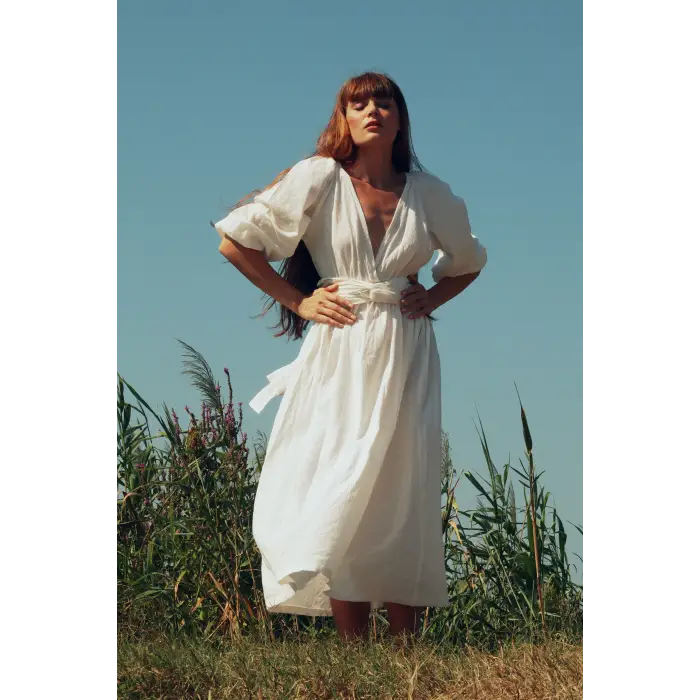 PEACE KEMER DETAYLI ŞİLE BEZİ ELBİSE